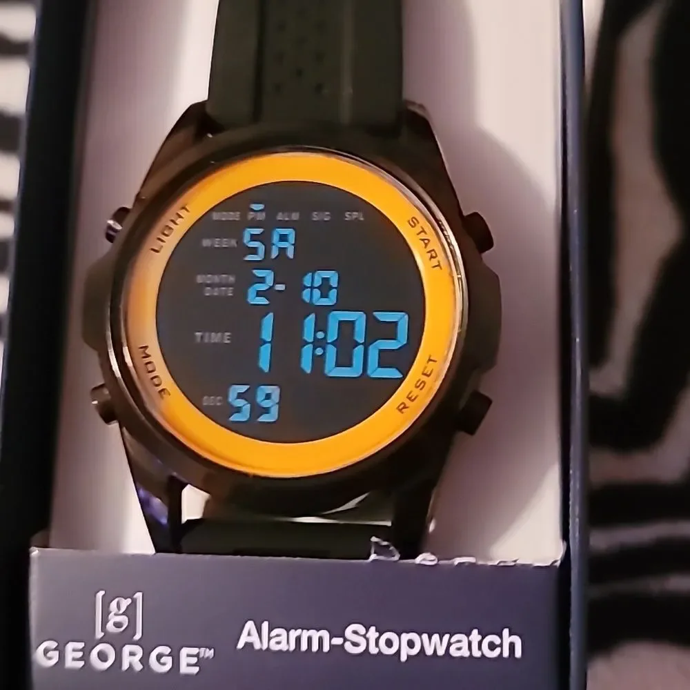 NEW in Box George [g] Alarm Stopwatch Wristwatch Rubber/Silicone Band Black Case